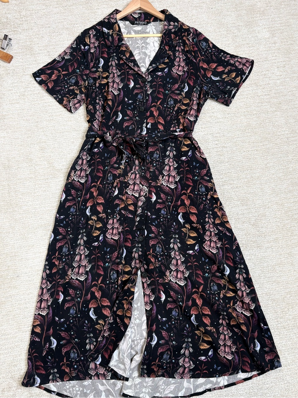 Disturbia Foxglove Midi Shirt Dress Size 8 Dark Floral Woodland Whimsical Print - Picture 9 of 14